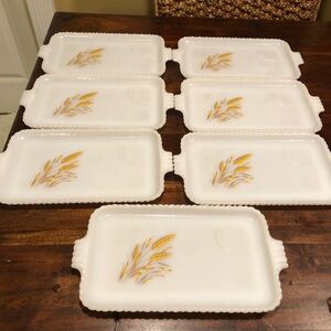 Vintage Lot Of 7 Anchor Hocking Fire King Milk Glass Wheat Snack Plates/Trays